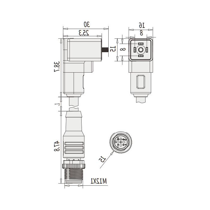 阀门插头类型C，DIN，8mm，4Pin/M12公头直型、双端预铸PUR柔性电缆、黑色护套、6VC021-XXX